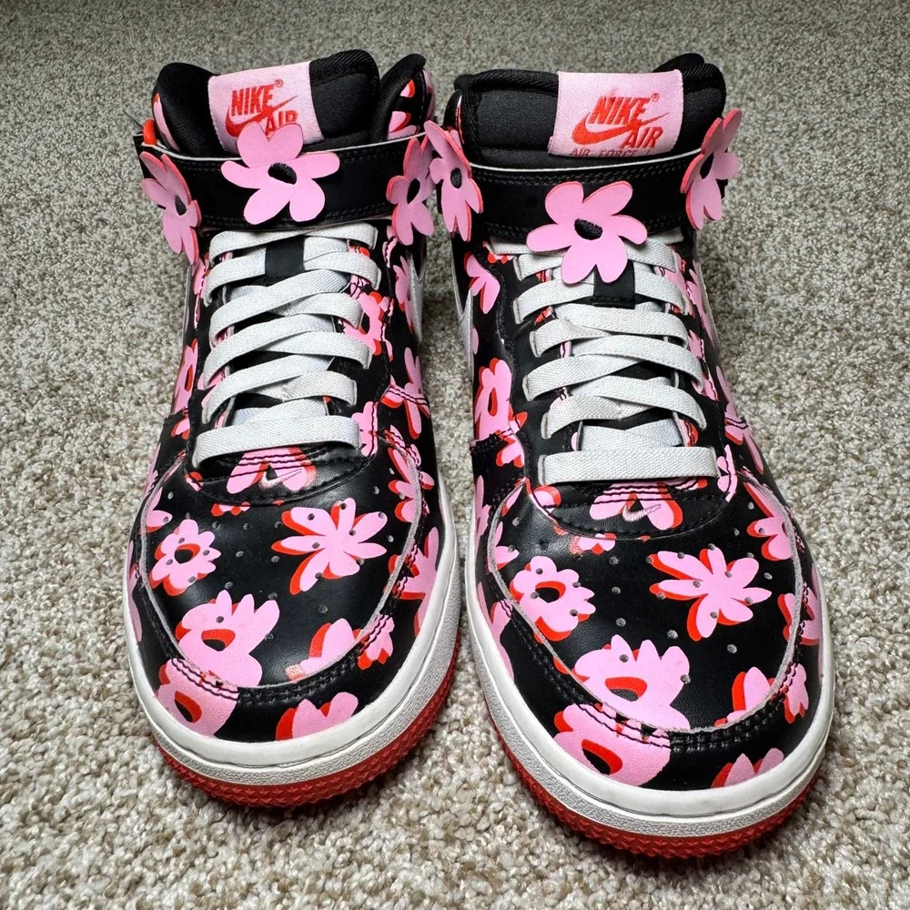 Nike Air Force‎ 1 Size 5.5Y Mid Black Pink Red Floral Charms DX3365-001 Sneaker